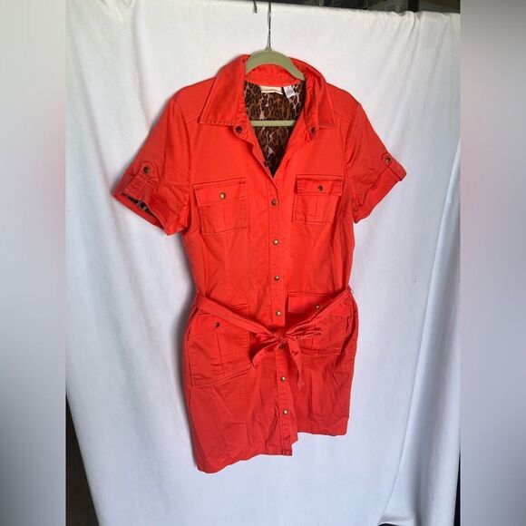 Chico's size 3 (XL) Tangerine Bright Trench Coat Style Dress Leopard Lining - Picture 3 of 5